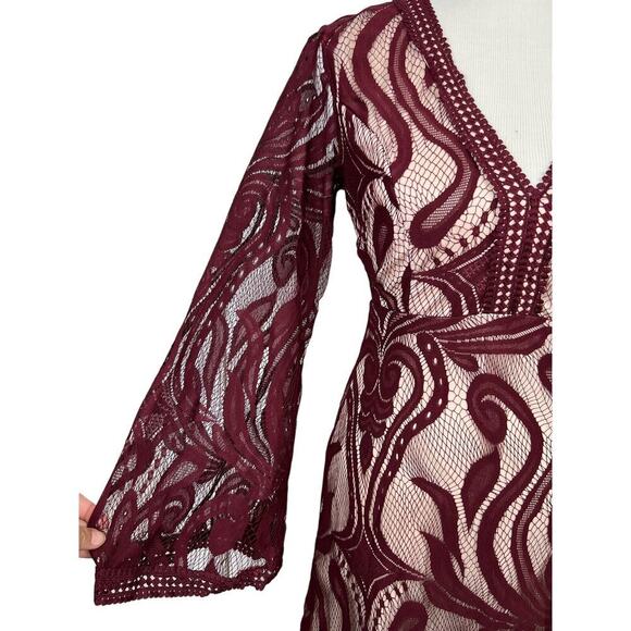Kasamysoul Woman's Lace Embroidered Cranberry See Thru Lining Flowy Dress Medium - Picture 4 of 13